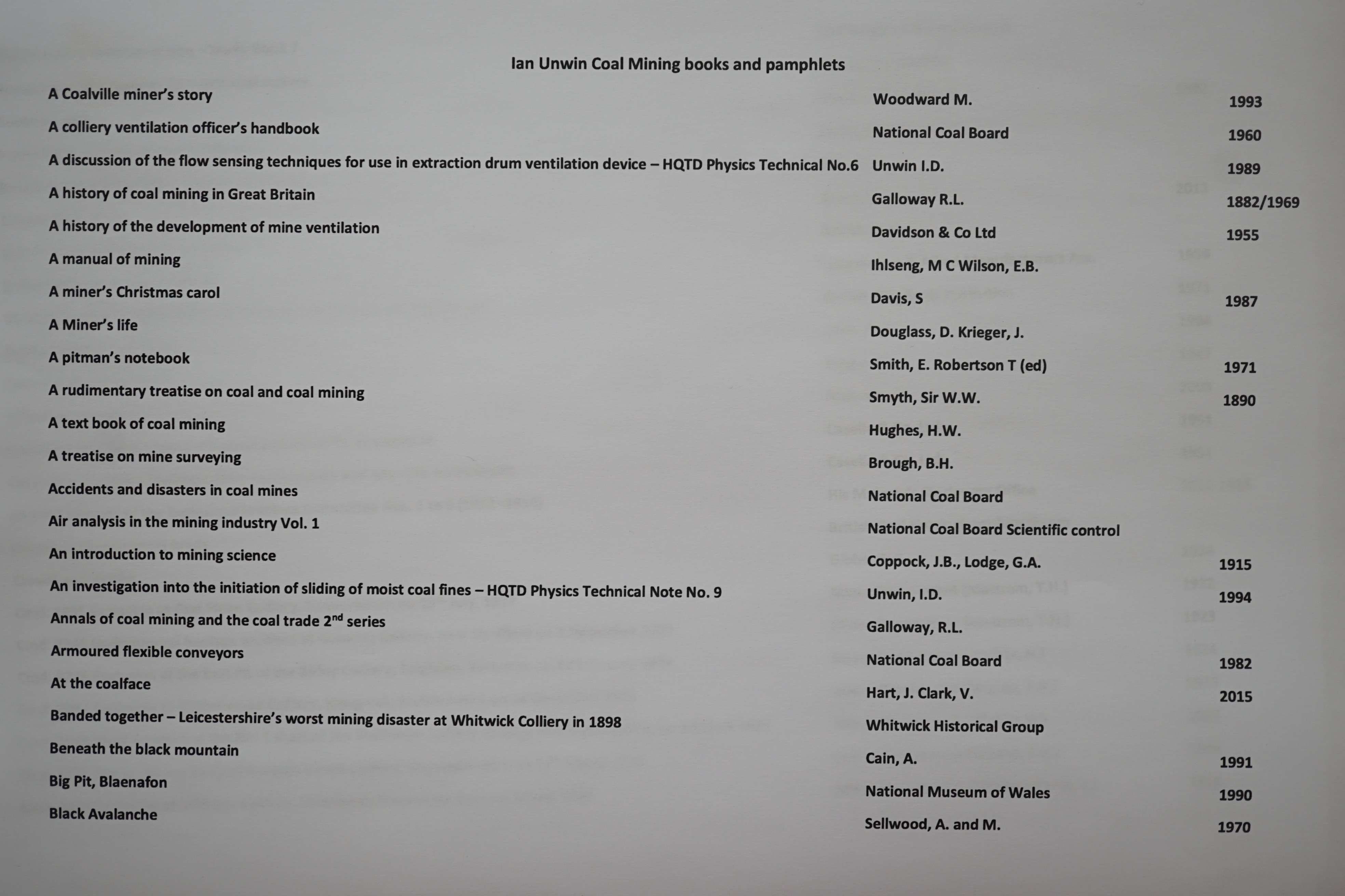 The remarkable Ian Unwin archive of 432 works relating to THE COAL MINING INDUSTRY, consisting of reports on health and safety, coal mining history, including technical innovations, numerous disasters and accidents, in c